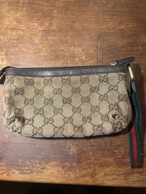 Gucci Beige/Brown Monogram Canvas Wristlet with Web Stripe Strap